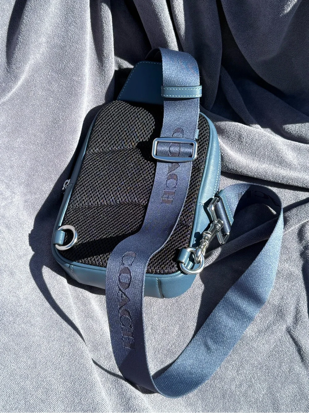 COACH Racer Sling Pack In Smooth Leather in Dark Denim Blue with Silver Hardware - Picture 14 of 14
